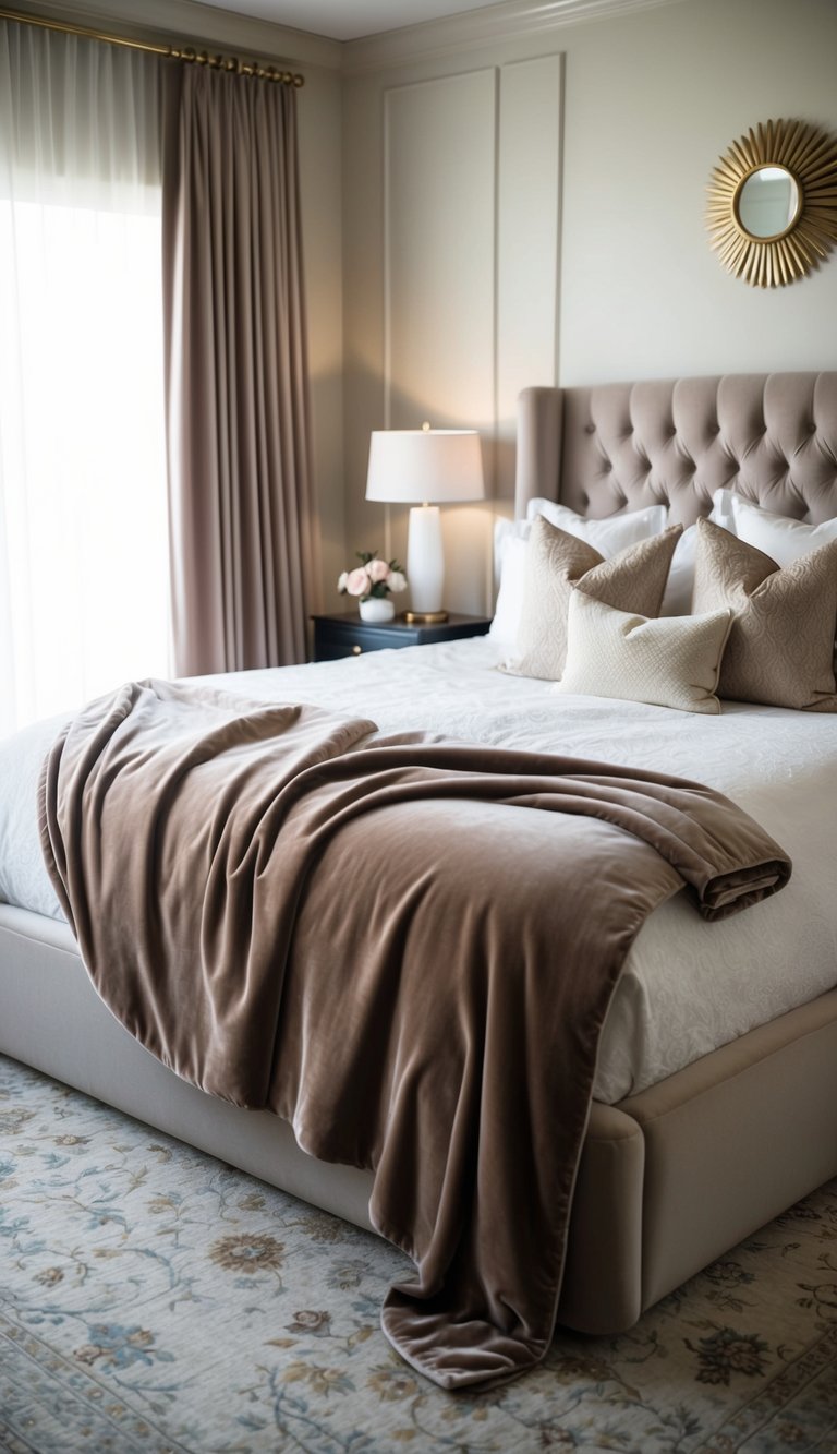 A luxurious velvet throw blanket drapes over a king-size bed in a softly lit, elegantly decorated master bedroom. Rich, romantic ambiance exudes from the room's carefully chosen decor