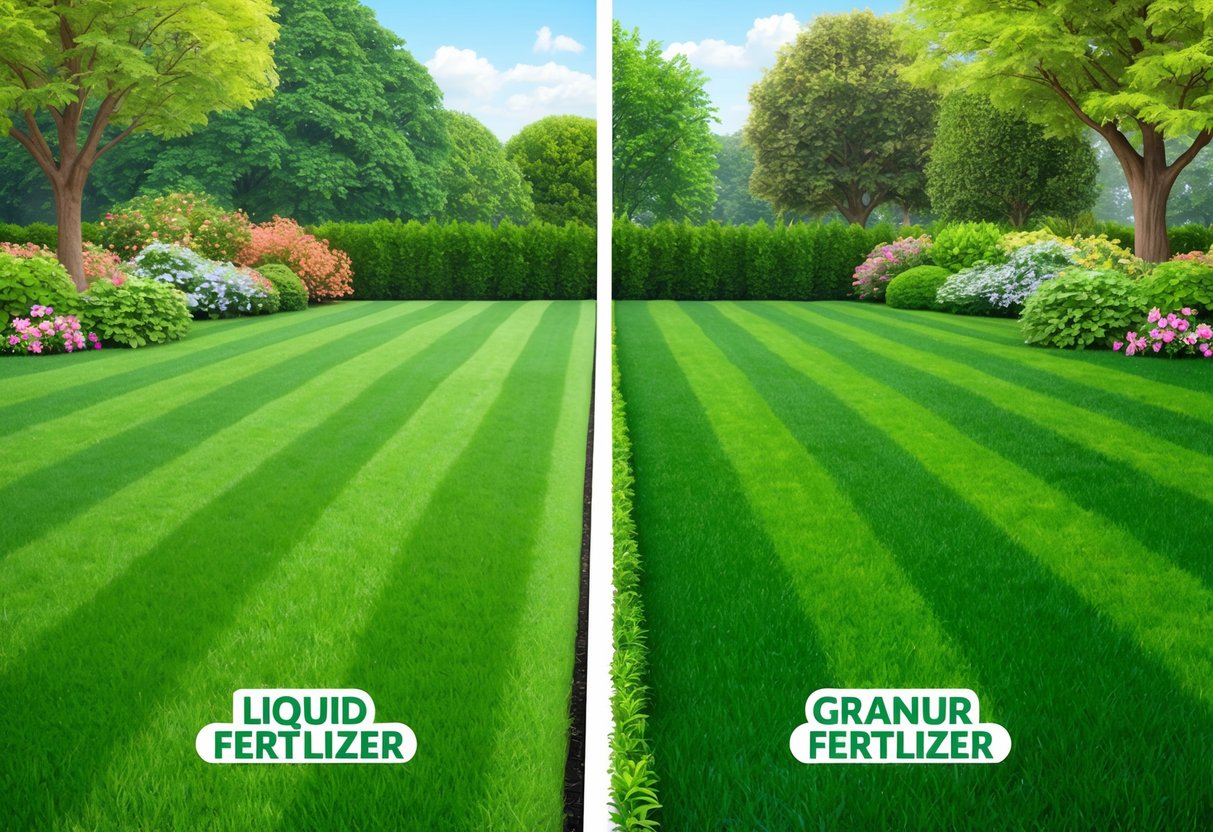 A lush green lawn split in half, one side treated with liquid fertilizer and the other with granular fertilizer. Surrounding trees and flowers flourish