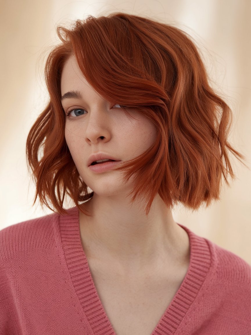 79. Cherry Red Wavy Bob with Undone Waves