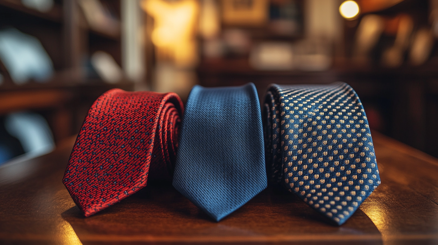 A collection of ties laid flat on a polished office table: a deep red tie, a dark blue tie, and a rich burgundy tie, each adding a touch of professionalism and sophistication. The ties complement a variety of suits, arranged in soft natural light, highlighting their subtle patterns and colors in a modern office backdrop.