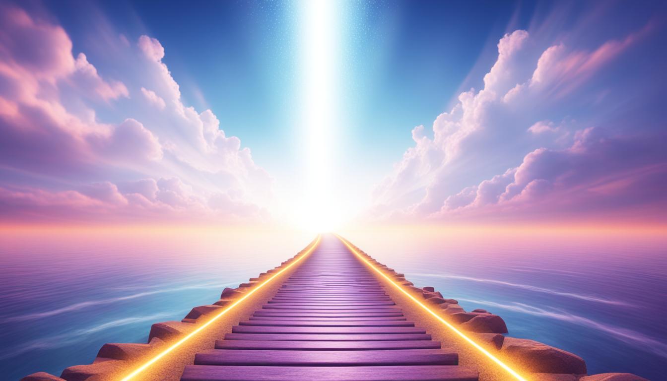 A pathway leading towards the horizon with a shining light at the end, symbolizing the journey towards manifesting goals.