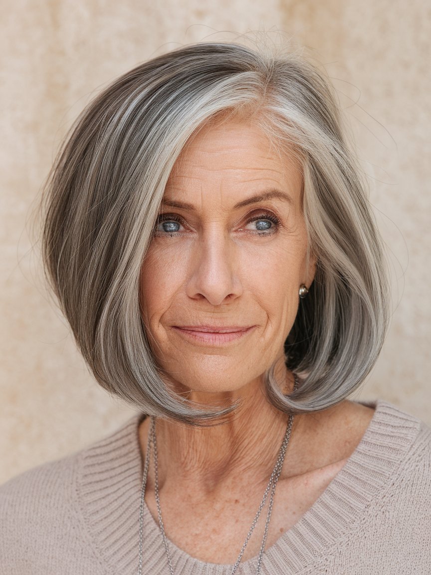 29. Salt-and-Pepper Inverted Bob for a Mature Look