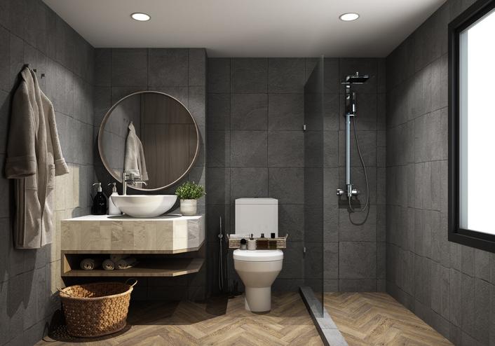 A bathroom with a sink and a shower

AI-generated content may be incorrect.