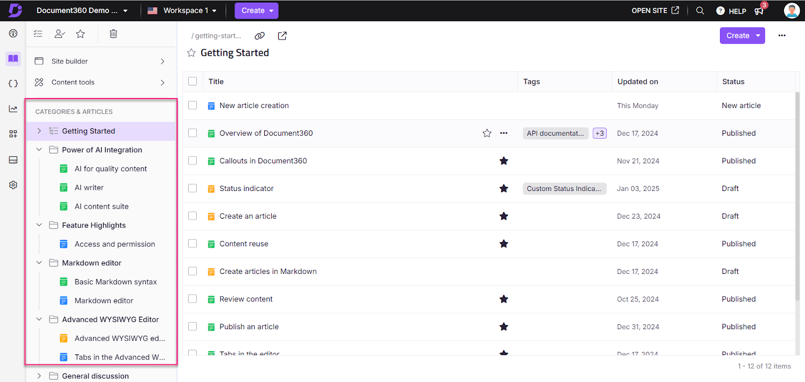 Screenshot highlighting hierarchical structure of a knowledge base in Document360's workspace