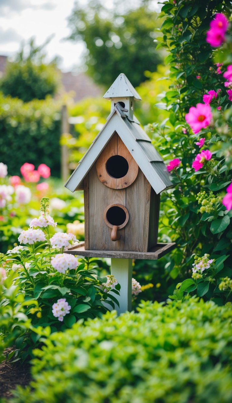 A charming rustic birdhouse nestled in a lush corner garden, surrounded by blooming flowers and vibrant greenery