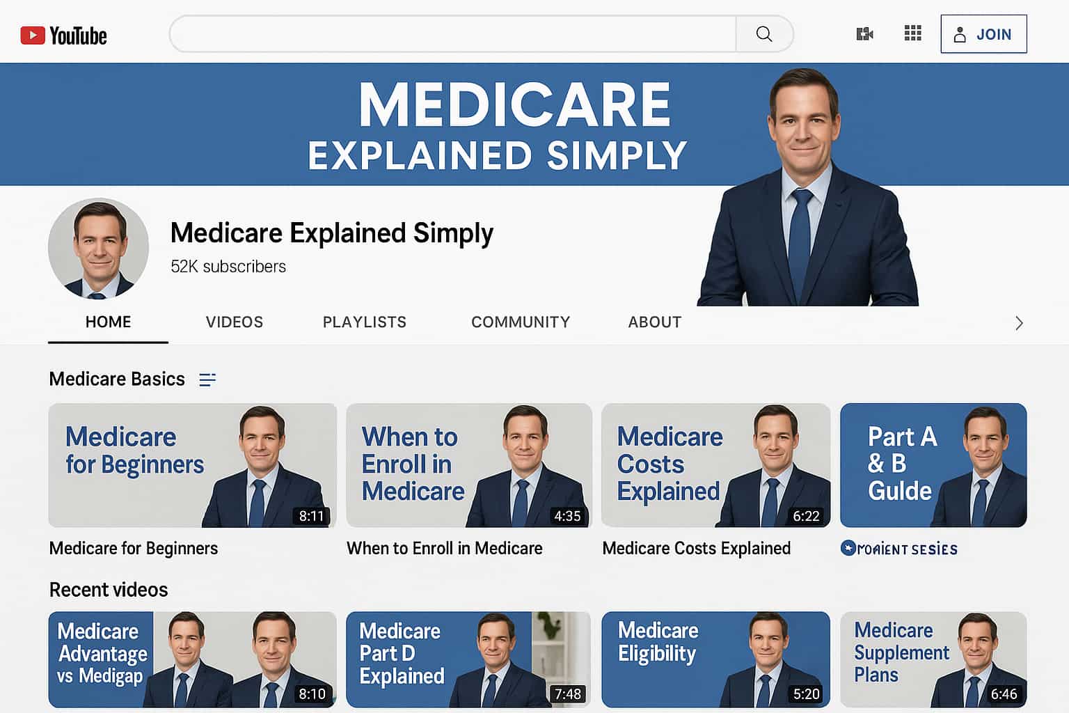 Professional Medicare YouTube channel layout example for generating medicare supplement leads and improving search results.