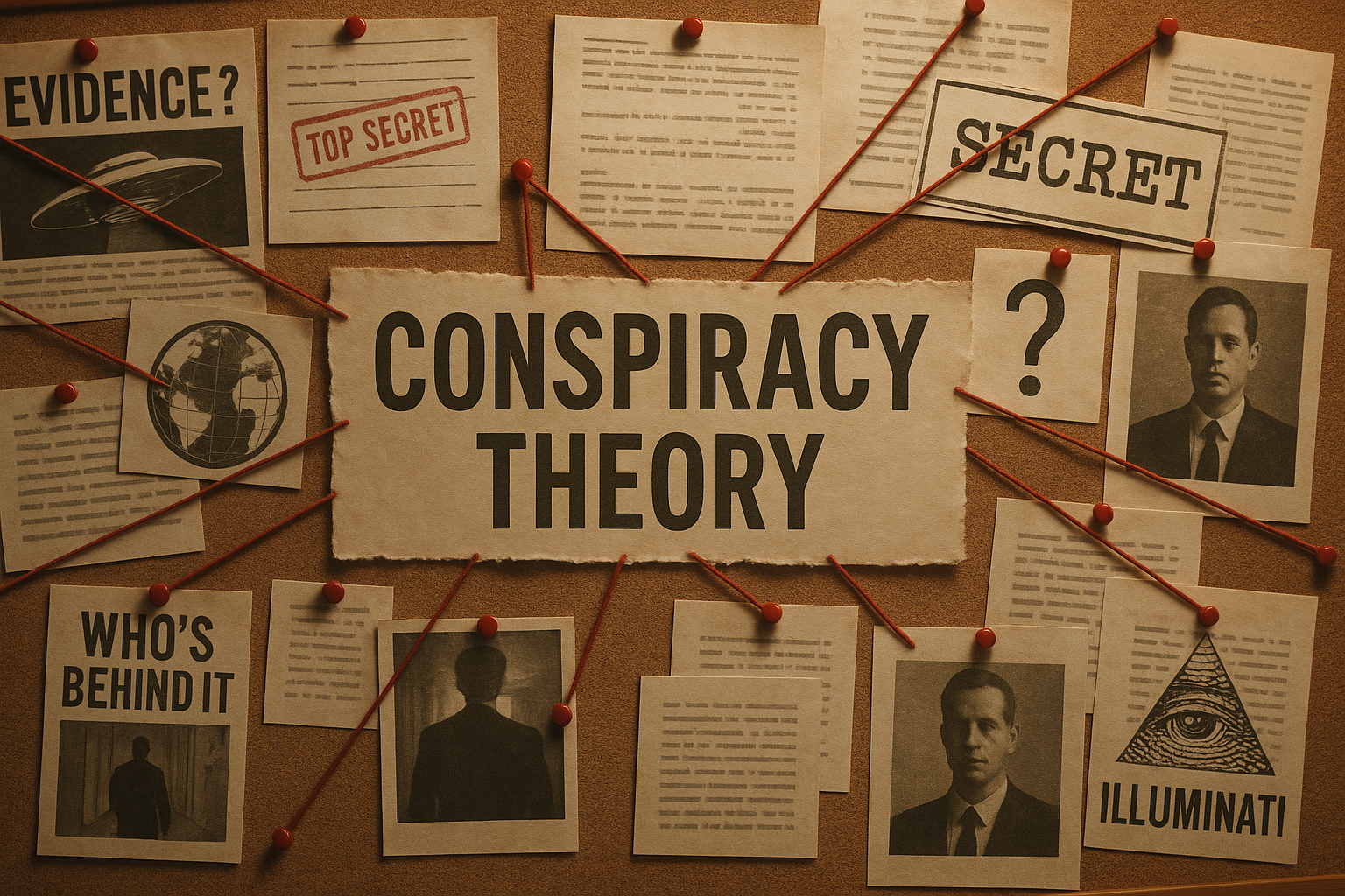 Corkboard covered with documents and photos connected by red strings, displaying phrases like ‘CONSPIRACY THEORY,’ ‘SECRET,’ ‘TOP SECRET,’ and ‘EVIDENCE?’, along with mysterious photographs and illustrations suggesting secret societies and hidden plots.