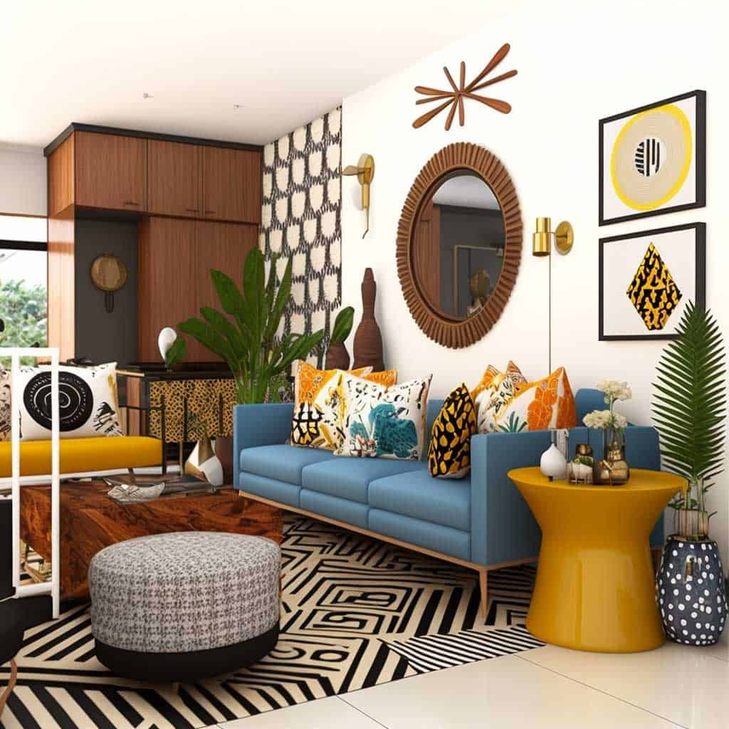 a living room with bright bold colors decorative pillows