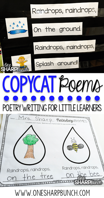 This rain poem is the perfect way to incorporate poetry activities into your daily lessons this spring! By using a poem of the week, you help build reading fluency, phonics and phonemic awareness skills, comprehension, concepts of print and more! Don’t forget to check out the great poetry writing prompt perfect for creating a copycat poem!