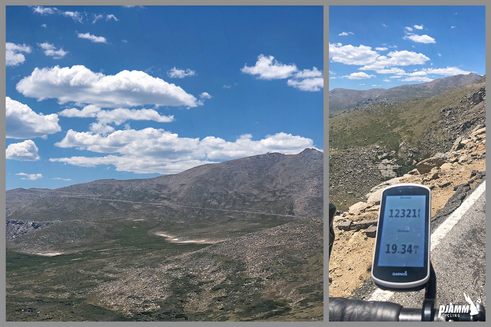 Cycling Mt. Evans, Colorado - photo collage, PJAMM Cycling logo in corner, views of mountainside above treeline, Garmin reading 12,321 feet