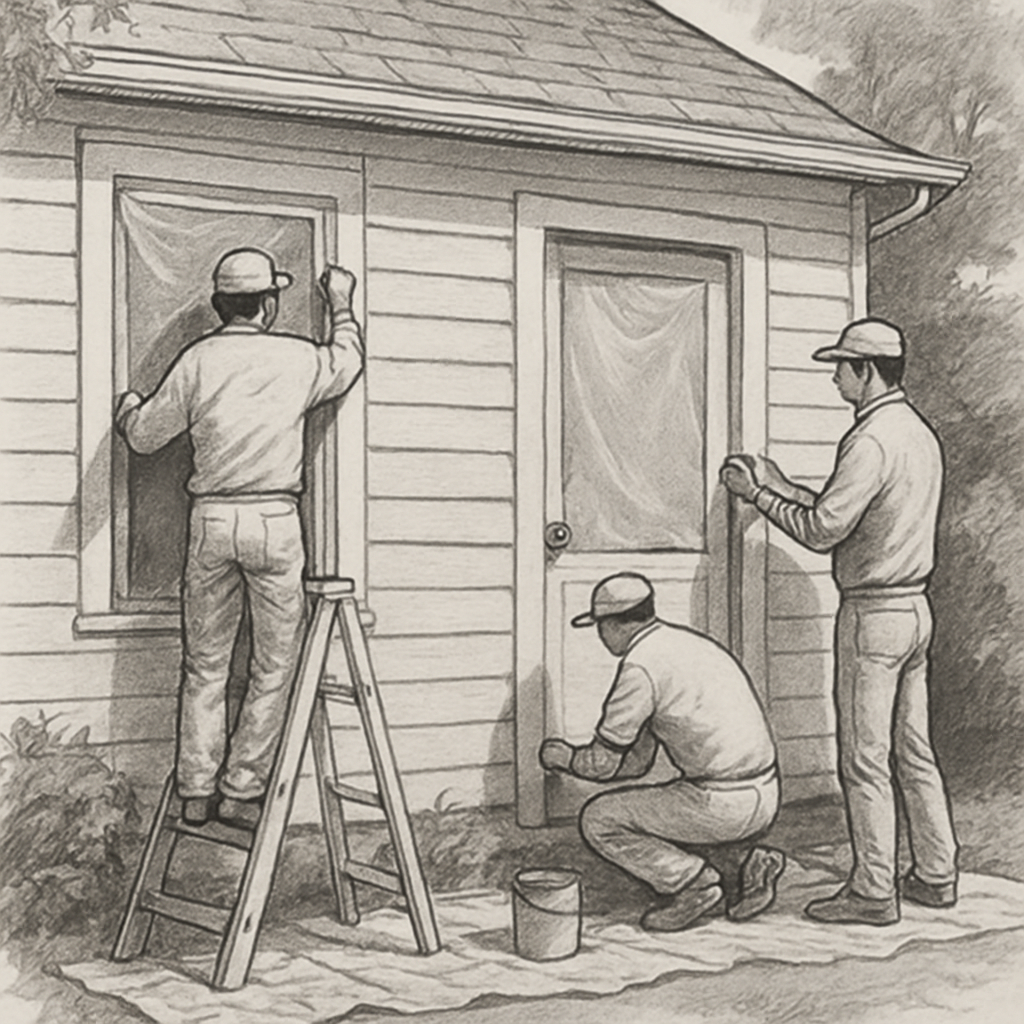 Painters prepping a house exterior