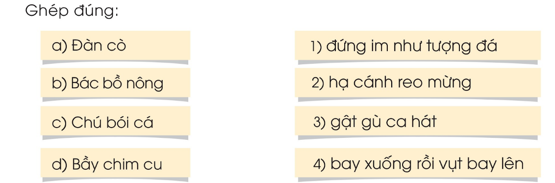 BÀI 24: NHỮNG NGƯỜI BẠN NHỎChia sẻCâu 1: Đây là loài chim gì?Đáp án chuẩn:a) Chim énb) Chim sâuc) Chim bồ câud) Chim cúe) Chim công.2. Theo em các loài chim mang đến lợi ích gì cho con người?Đáp án chuẩn:Giúp nông dân bảo vệ mùa màng, ăn sâu bọ có hại và động vật gặm nhấm.Làm chăn đệm, đồ trang trí trong gia đình từ lông chimGiúp phát tán hạt giống cây rừngCung cấp nguồn thực phẩm cho con người.BÀI ĐỌC 1: BỜ TRE ĐÓN KHÁCHCâu 1: “Khách” đến bờ tre là những loài chim nào?Đáp án chuẩn:Cò, bồ nông, bói cá, chim cu.Câu 2: Câu thơ nào cho thấy bờ tre rất vui khi có “khách” đến?Đáp án chuẩn: “Tre chợt tưng bừngNở đầy hoa nắng.”Câu 3: Bài thơ tả dáng vẻ của mỗi loài chim đến bờ tre khác nhau như thế nào?Đáp án chuẩn:Câu 4: Câu thơ nào cho thấy bầy chim cu rất thích bờ tre?Đáp án chuẩn: “Ồ, tre rất mát!”Luyện tậpCâu 1: Bộ phận in đậm trong những câu sau trả lời cho câu hỏi nào?a) Chú bói cá đậu trên cành tre.b) Đàn cò trắng đậu trên ngọn tre.c) Bên bờ tre, bác bồ nông đứng im như tượng đá.Đáp án chuẩn:Ở đâu?Câu 2: Đặt một câu có bộ phận trả lời cho câu hỏi Ở đâu?Đáp án chuẩn:Trên cánh đồng, các bác nông dân đang làm việc chăm chỉ.Ở đâu?Bài viết 1Câu 1: Nghe - viết: Chim rừng Tây Nguyên (từ “Chim đại bàng...” đến “...hòa âm.”)Đáp án chuẩn:Nghe - viếtCâu 2: Tìm chữ phù hợp với ô trống: c hay k, ng hay ngh.Chim gáy ...éo đàn về mùa gặt. Con chim gáy hiền lành, béo nục. Đôi mắt nâu trầm ...âm, ngơ ...ác nhìn xa. Chàng chim gáy nào giọng ...e càng trong, càng dài thì quanh ...ổ càng được đeo nhiều vòng ...ườm đẹp.Theo TÔ HOÀIĐáp án chuẩn:Kéo, ngâm, ngác, nghe, cổ, cườm.Câu 3: Tìm từ ngữ.a) Là tên loài chim, có tiếng bắt đầu bằng s.b) Có vần uc hoặc ut, có nghĩa như sau:- Đồ dùng để viết, kẻ, vẽ thành nét.- Dùng xẻng lấy đất, đá, cát,...- Loài cây cùng học với cây tre nhưng nhỏ hơn, gióng thẳng.Đáp án chuẩn:a) Chim sâm cầm, chim sẻ, chim sâu.b) - bút- xúc- trúcCâu 4: Tập viết.a) Viết chữ hoa:b) Viết ứng dụng: Uống nước nhớ nguồn.Đáp án chuẩn:a) Viết chữ hoa:b) Viết ứng dụng: Uống nước nhớ nguồn.BÀI ĐỌC 2: CHIM SƠN CA VÀ BÔNG CÚC TRẮNGCâu 1: Đoạn 1 giới thiệu những nhân vật nào của câu chuyện?Đáp án chuẩn:Chim sơn ca và bông cúc trắng.Câu 2: Chuyện gì đã xảy ra vào ngày hôm sau:a) Với chim sơn ca.b) Với bông cúc trắng.Đáp án chuẩn:a) bị nhốt vào trong lồng.b) bị cắt đi bởi hai cậu bé.Câu 3: Hành động của hai cậu bé đã gây ra chuyện gì đau lòng?Đáp án chuẩn:Chim sơn ca bị chết vì khát còn bông hoa cúc trắng bị héo lả đi vì thương xót.Luyện tậpCâu 1: Giả sử một cậu bé trong câu chuyện trên không muốn bắt chim sơn ca, cậu sẽ từ chối thế nào khi bạn rủ bắt chim? Chọn câu trả lời em thích:a) Cậu đừng bắt chim! Hãy để nó tự do!b) Không, tớ không bắt chim đâu! Tội nghiệp nó!c) Chim đang bay nhảy tự do, tại sao lại bắt nó? Đừng làm vậy!Đáp án chuẩn:c) Câu 2: Hãy nói 1 - 2 câu thể hiện thái độ đồng tình với ý kiến trên.Đáp án chuẩn:Em đồng tình với ý kiến trên vì chim là biểu tượng của sự tự do và tự nhiên. Chúng có đôi cánh tự do bay lượn trong không trung, biểu tượng cho sự tự do. Vì vậy, chúng ta không nên cướp đi quyền tự do của chúng.Bài viết 2