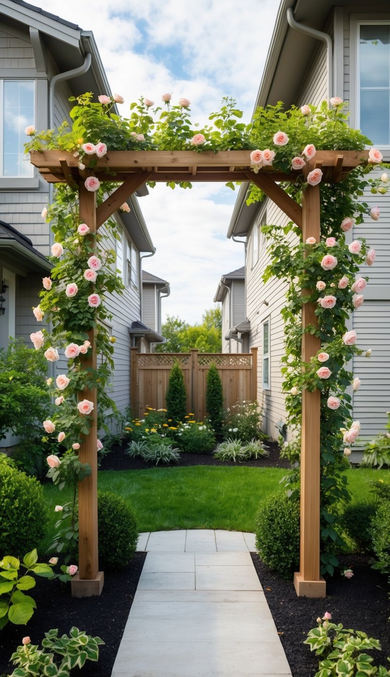 A wooden arbor covered in climbing roses stands between two houses, providing a natural and beautiful privacy barrier in the landscaped garden