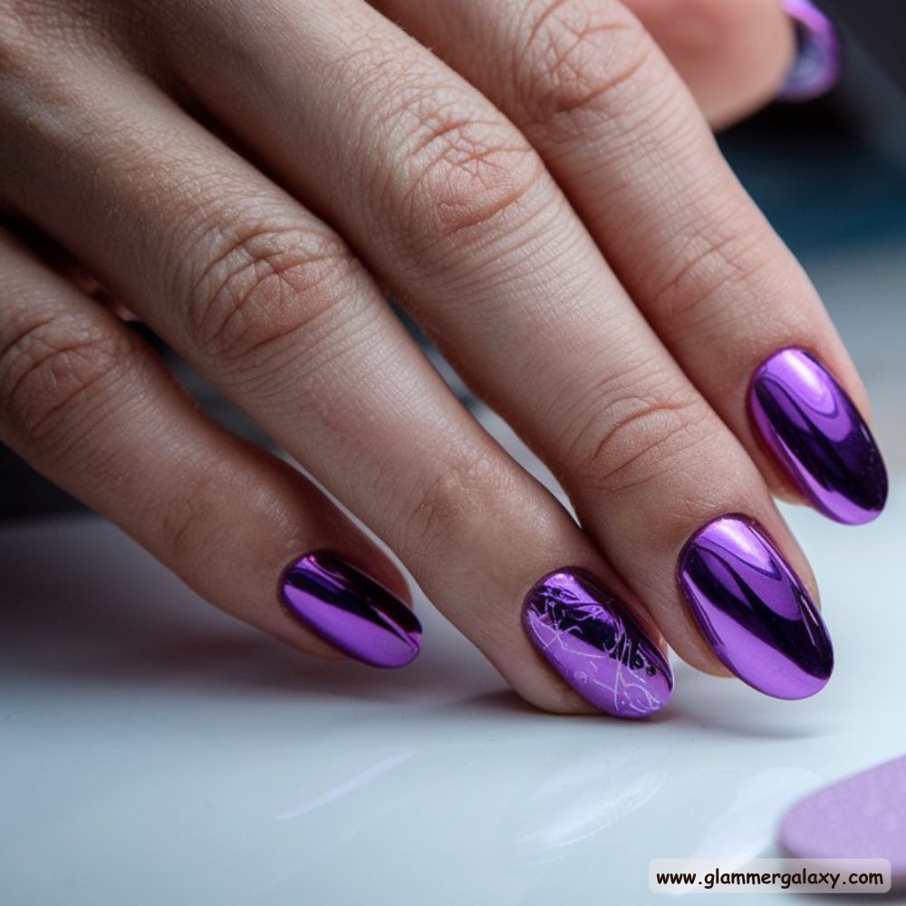 Dark Fall Nails having Purple Chrome
