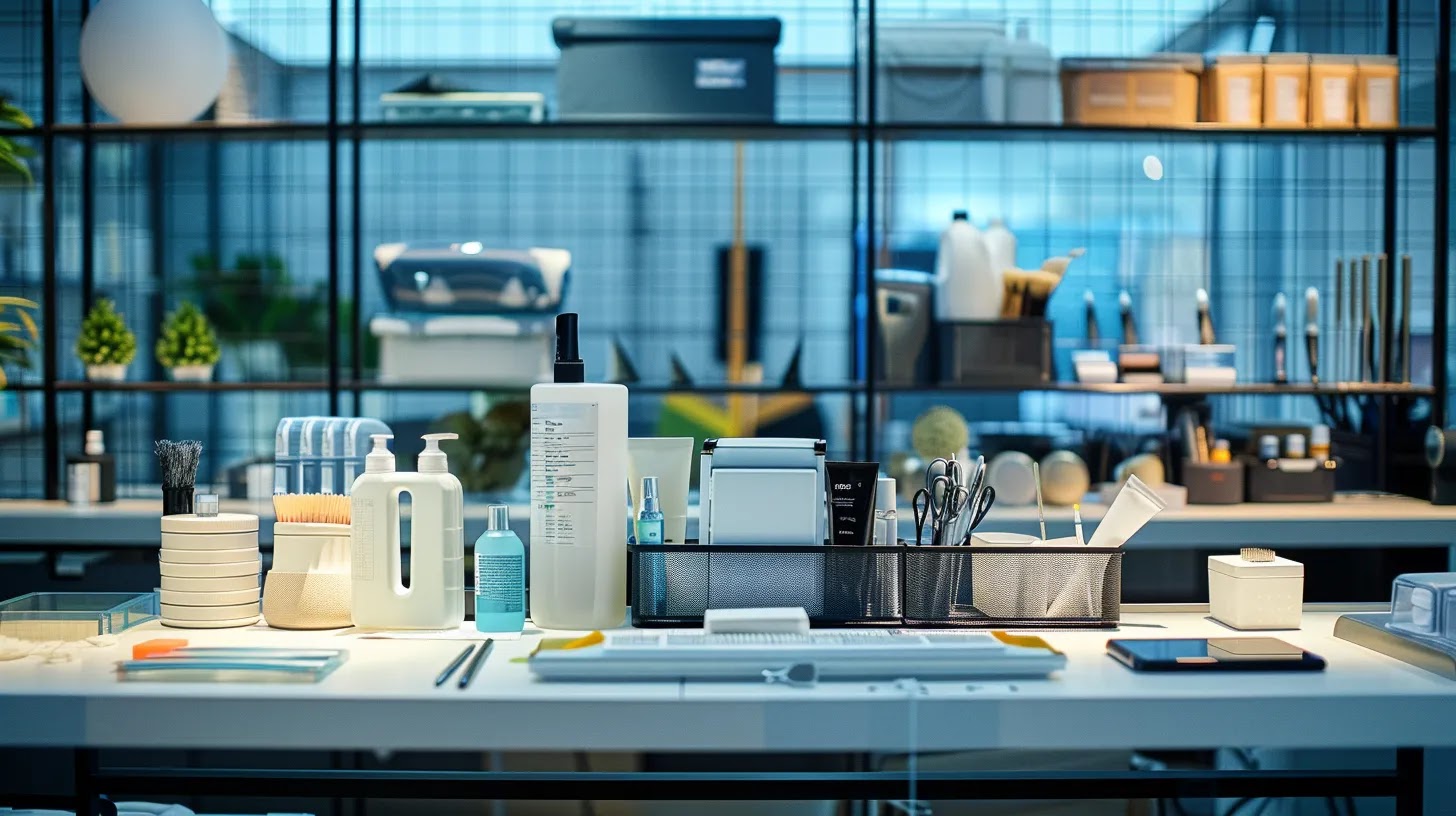 a meticulously organized cleaning supply station is showcased within a modern, brightly-lit office space, featuring clearly labeled containers, a designated caddy brimming with tools, and repurposed household items, emphasizing a streamlined and efficient spring cleaning process.
