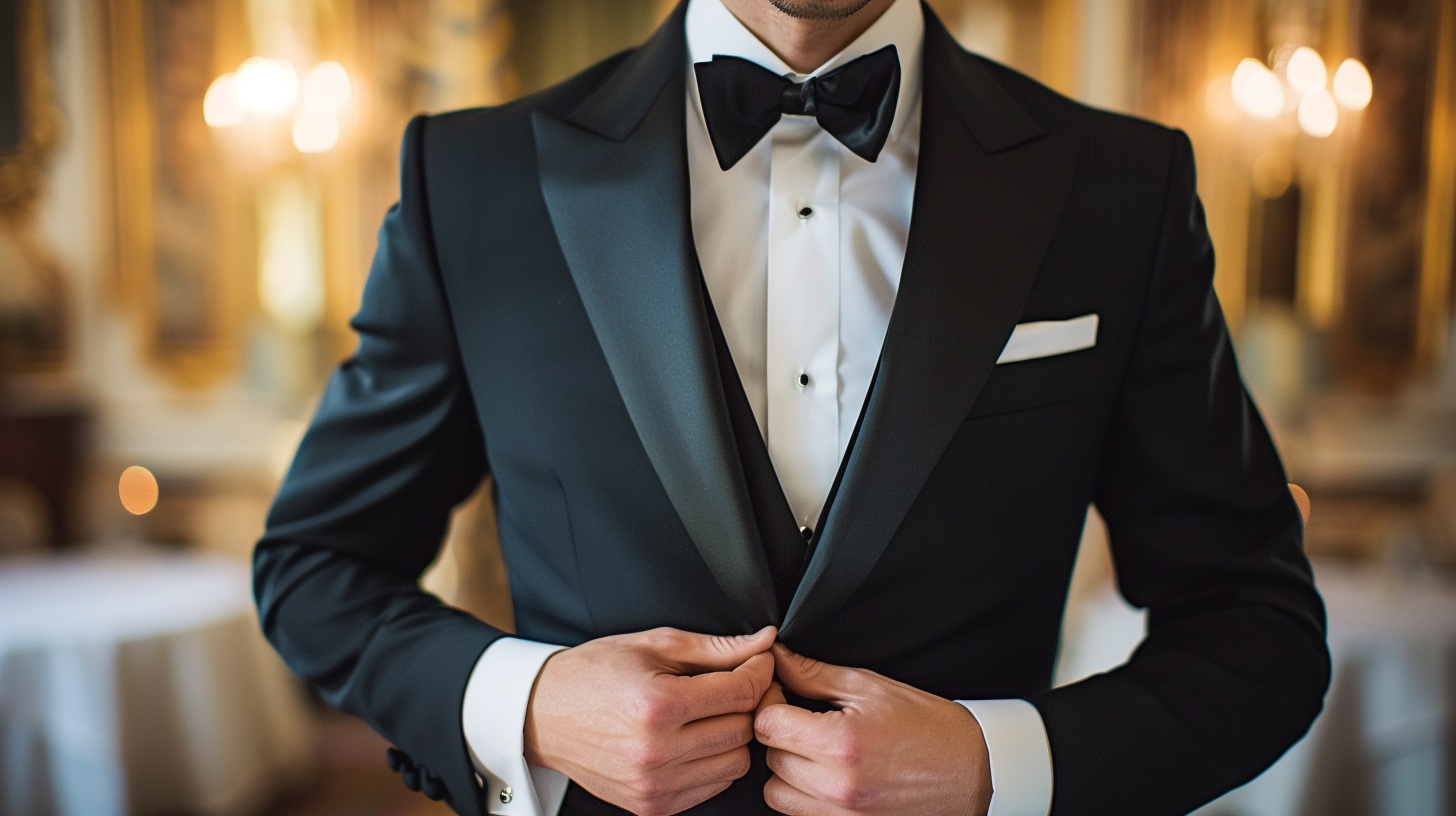 A man dressed in a classic black tuxedo with satin lapels, matching trousers, a white dress shirt, and a black bow tie. He wears polished black dress shoes and optionally a cummerbund. The setting is an elegant ballroom at a black-tie wedding.