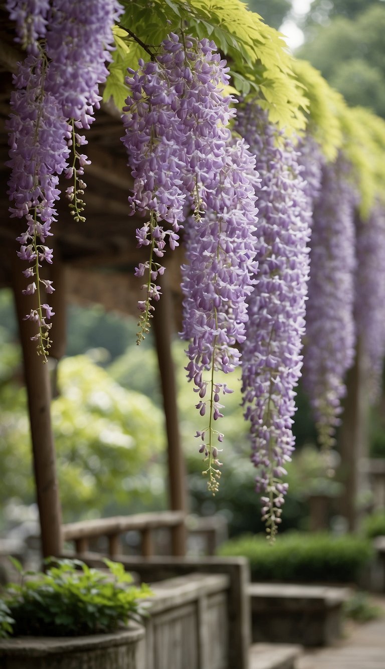 Wisteria trellises cascade over a serene Japanese garden, creating a tranquil and picturesque scene