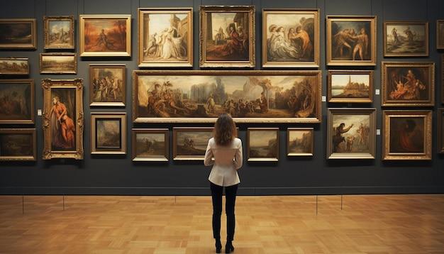 A woman looking at a painting in a museum with many paintings on the wall |  Premium AI-generated image