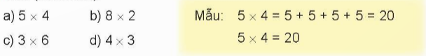 BÀI 37 PHÉP NHÂNI.HOẠT ĐỘNGCâu 1: Số? Đáp án chuẩn:a) 2 +  2 + 2 + 2 + 2 = 10     5 + 5 = 10    2 × 5 = 10     5 × 2 = 10b) 3 × 5 = 3 + 3 + 3 + 3 + 3 = 15 3 × 5 = 155 × 3 = 5 + 5 + 5 = 15 5 × 3 = 15Câu 2: Tìm phép nhân thích hợp.Đáp án chuẩn:II.LUYỆN TẬP