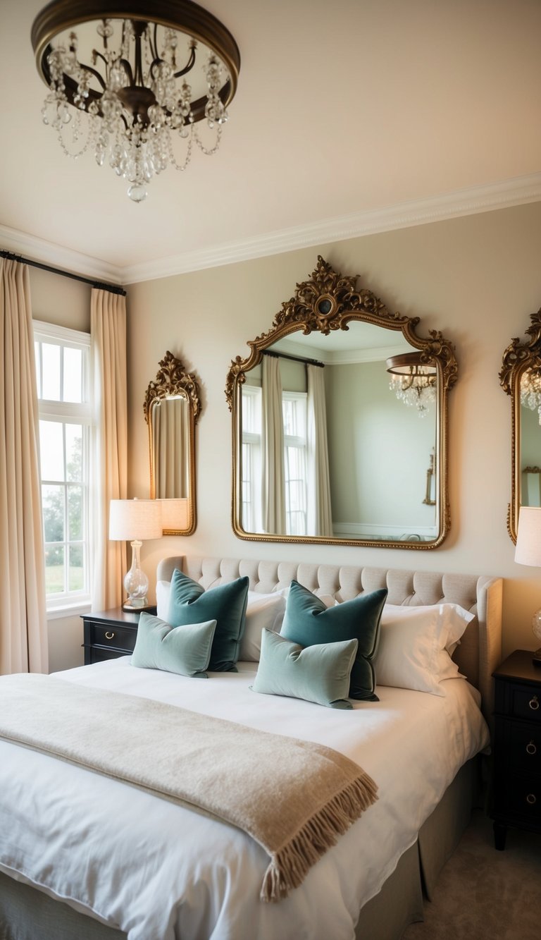 A master bedroom adorned with ornate wall mirrors, casting romantic reflections in soft, ambient lighting