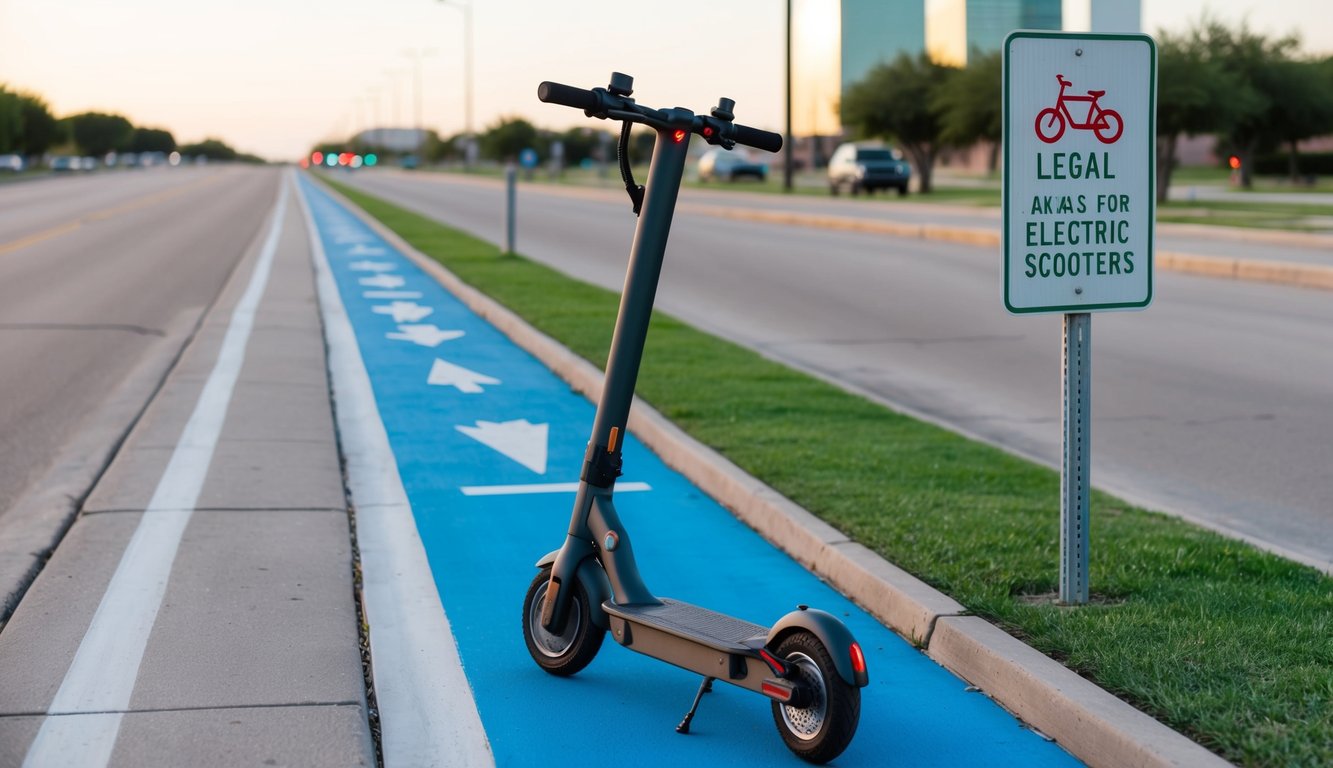 An electric scooter zips along a designated bike lane in Texas, passing by a sign indicating the area's legal status for riding electric scooters