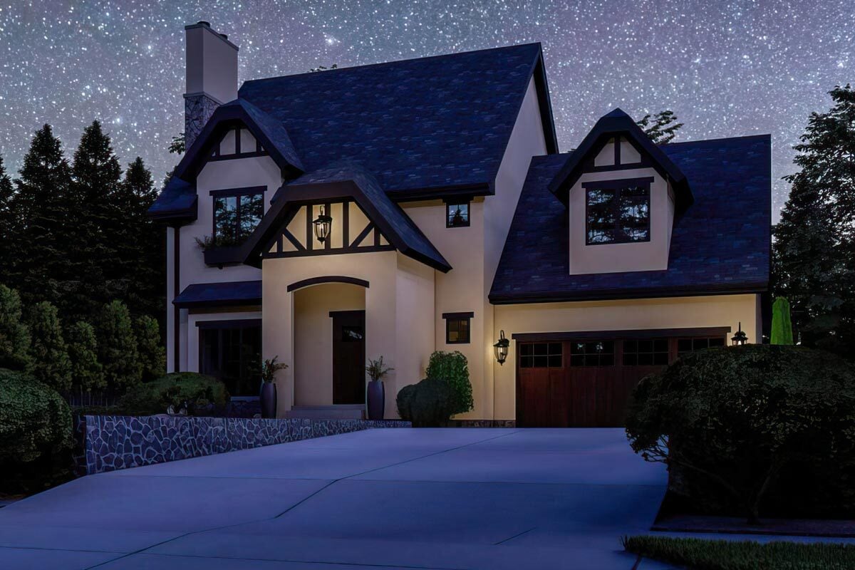 Night rendering of the 3-bedroom two-story European cottage.