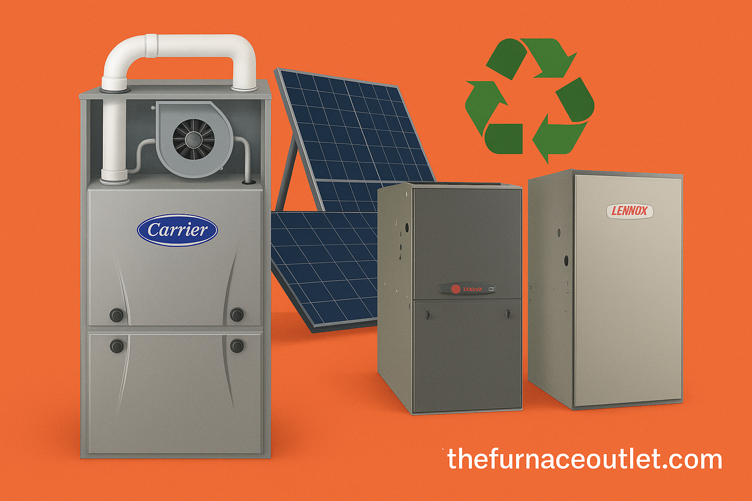 A promotional digital graphic for TheFurnaceOutlet.com features Carrier, Trane, and Lennox furnaces with solar panels and a green recycling symbol on an orange background, emphasizing environmentally friendly heating solutions