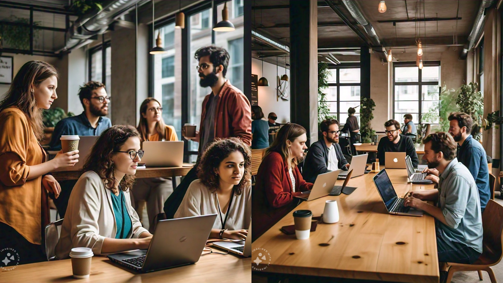 Digital nomads networking at a co-working space.