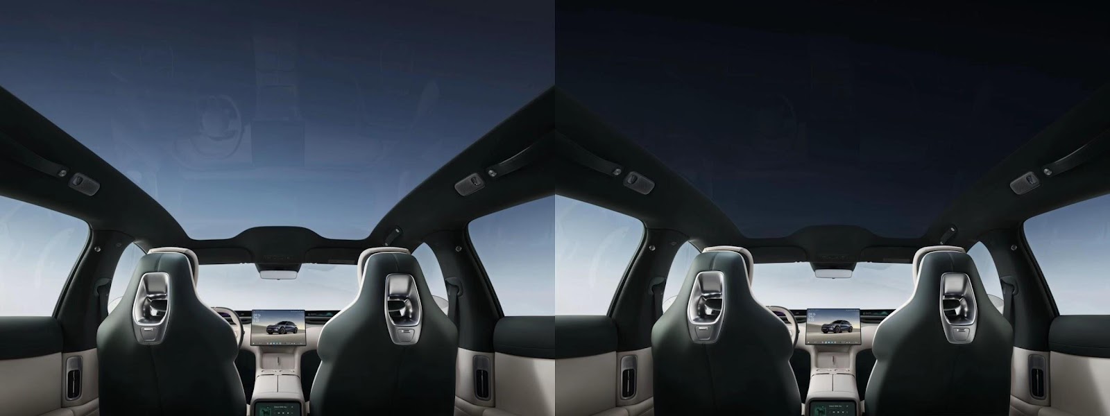 The interior view shows luxurious seats and a large panoramic sunroof, with a gradient blue sky in the background.