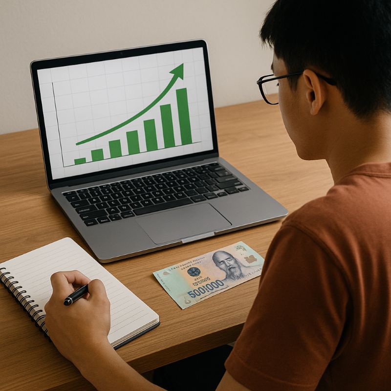 Người trẻ lập kế hoạch tích lũy tài chính bên laptop