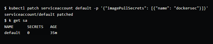 Image on how to patch the default serviceaccount to have the imagePullSecrets