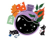 A purple bottle with black cats and leaves

Description automatically generated