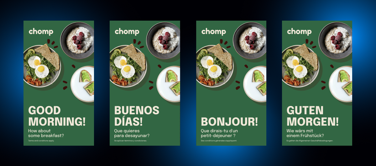 Design mockups showing modular content handling text length and language differences.