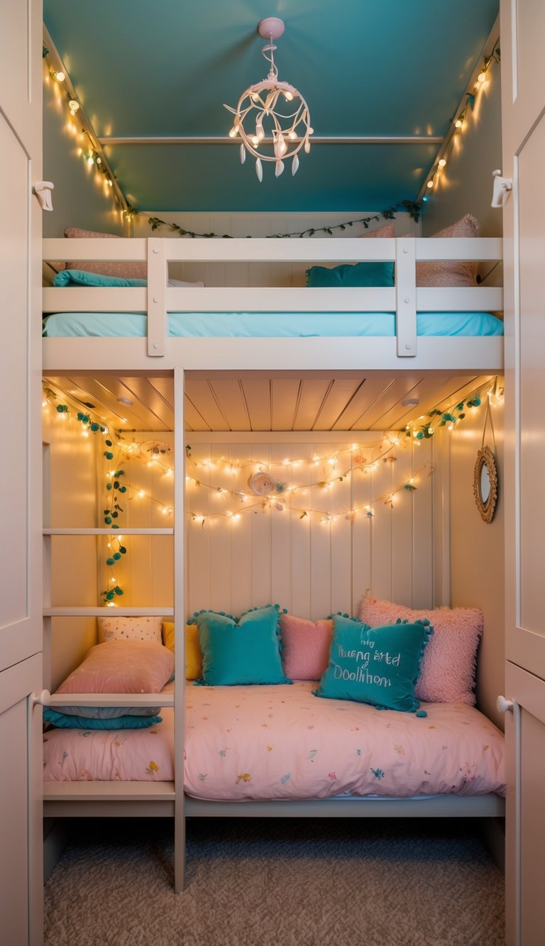 A cozy loft bed nestled in a whimsical fairytale-themed bunk room, complete with twinkling lights, soft pastel colors, and dreamy decor