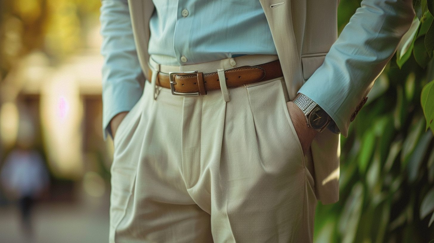 A man in classic pleated trousers with extra room near the waistband, paired with a tucked-in dress shirt or vintage blazer. The style is refined and slightly retro.