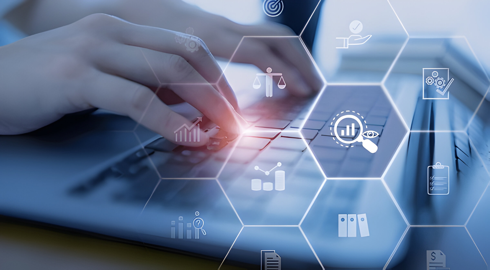 Hands typing on a laptop keyboard, surrounded by digital icons representing compliance, financial analysis, and accounting standards.