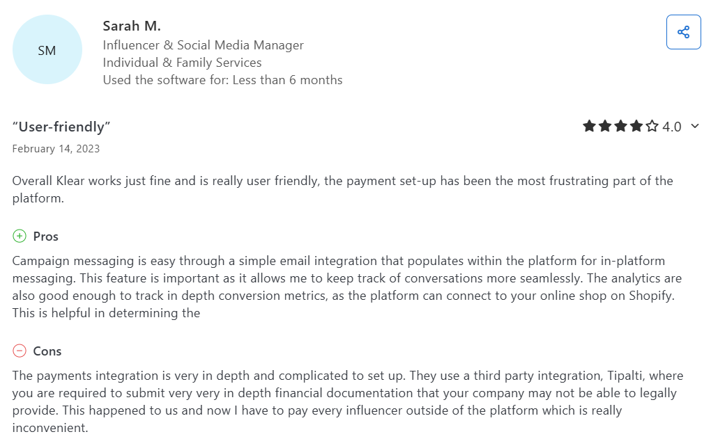 Klear user review