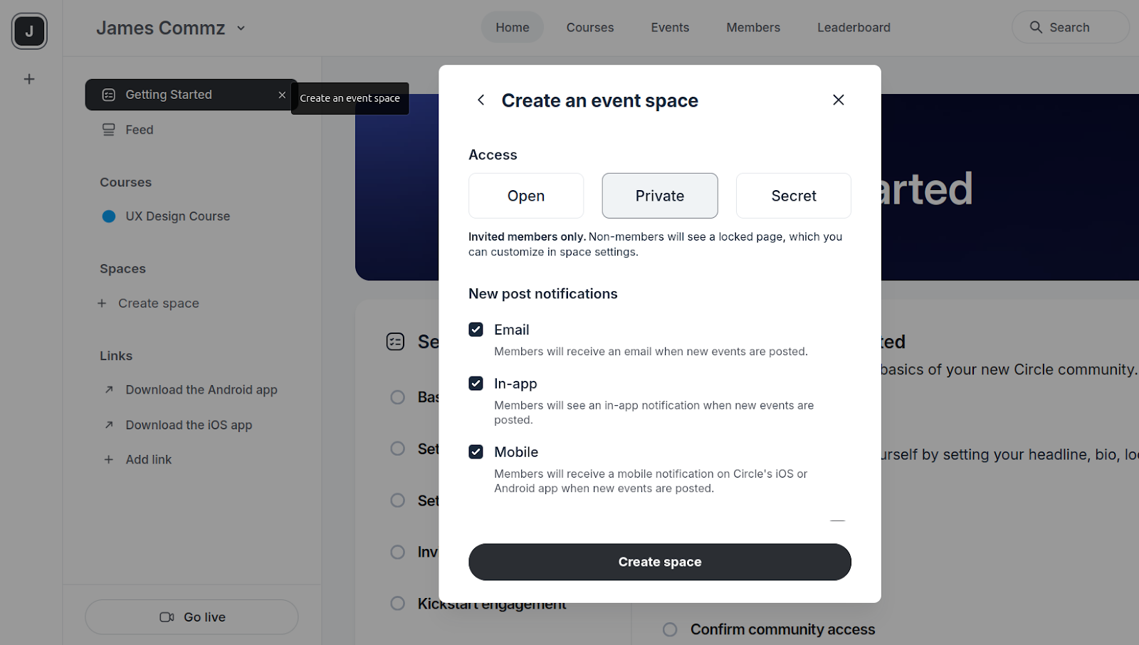 configuring events space settings