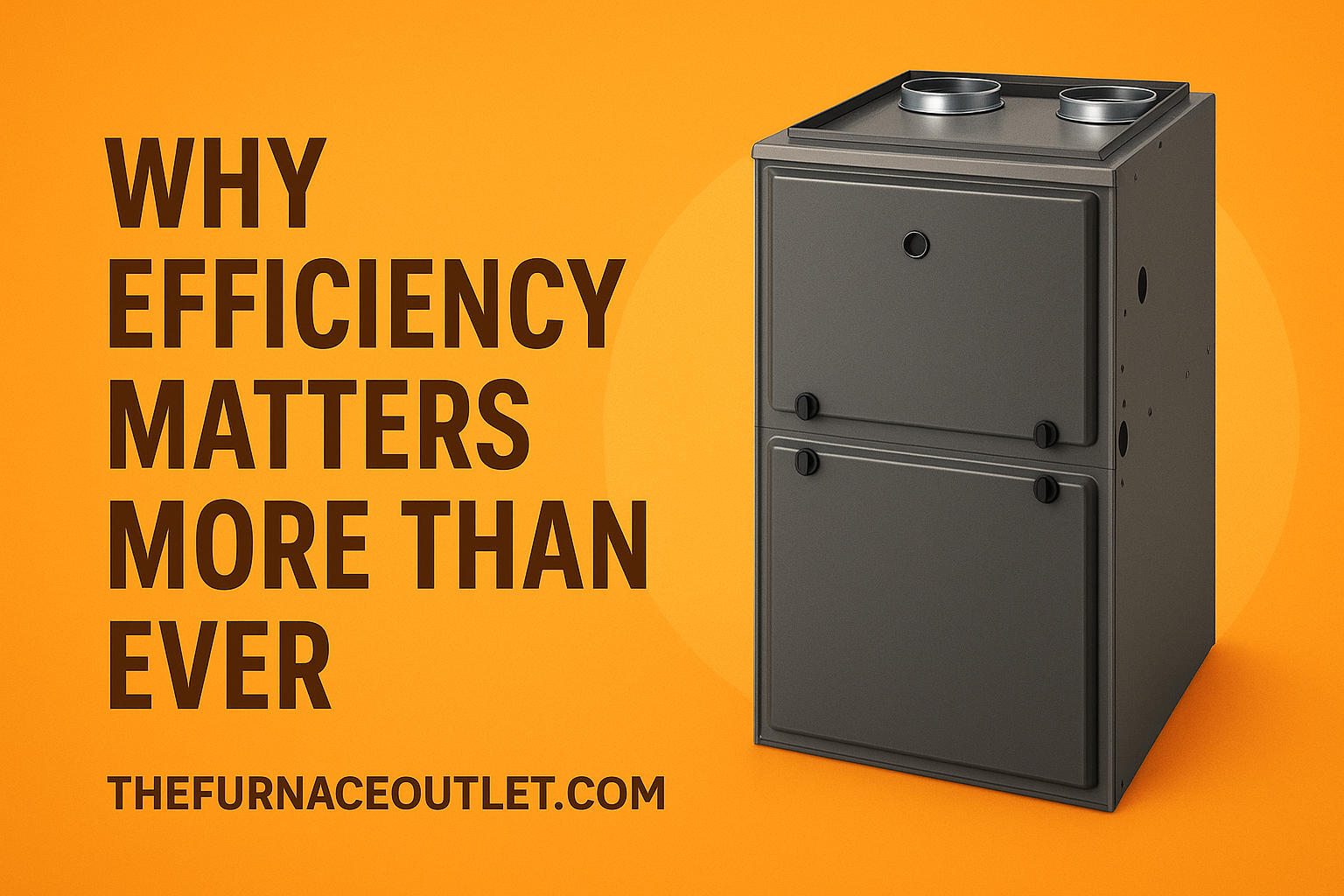 A high-efficiency furnace is featured against a bold orange background with "TheFurnaceOutlet.com" branding, emphasizing energy savings and modern heating performance.