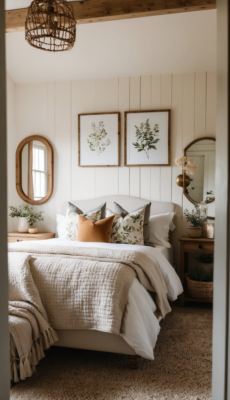 A cozy farmhouse bedroom with botanical prints on the walls, soft lighting, and rustic decor