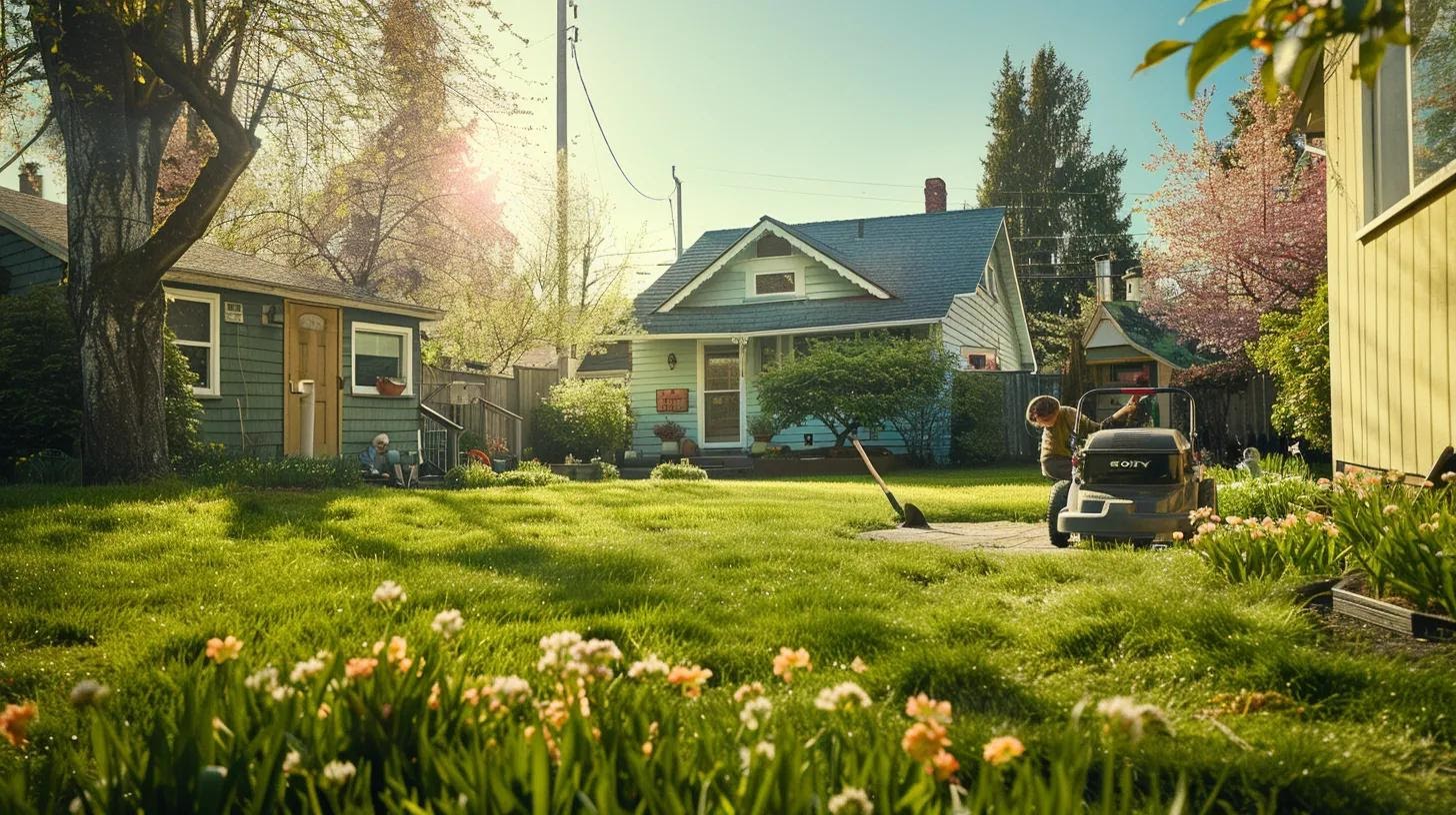 A vibrant springtime suburban lawn scene with lush green grass, blooming flowers, a person using a lawnmower, and gardening tools like a rake and watering can nearby. The sky is clear blue with soft sunlight, showcasing a well-kept yard in front of a cozy home.