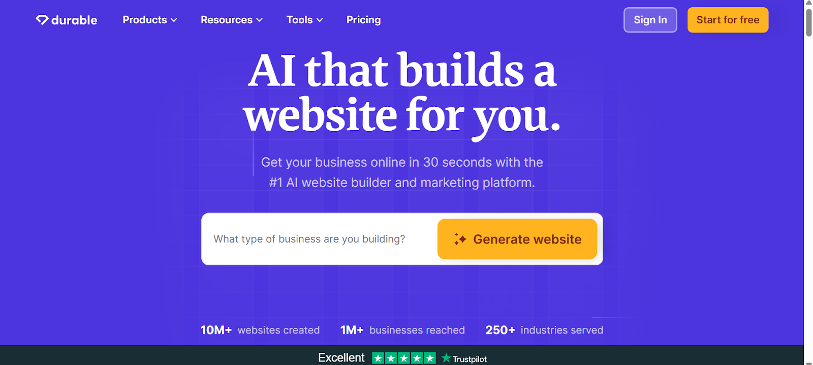 a screenshot of durable an AI WordPress Builder for Developers 