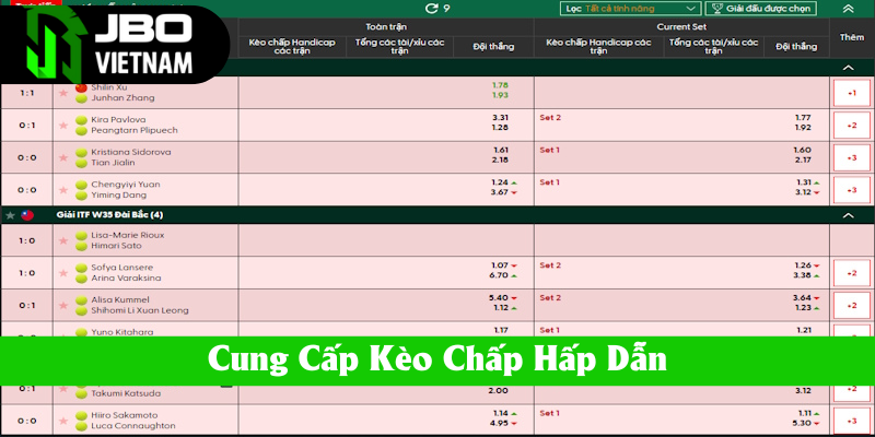 Cá cược quần vợt cung cấp tỷ lệ kèo chấp Châu Á