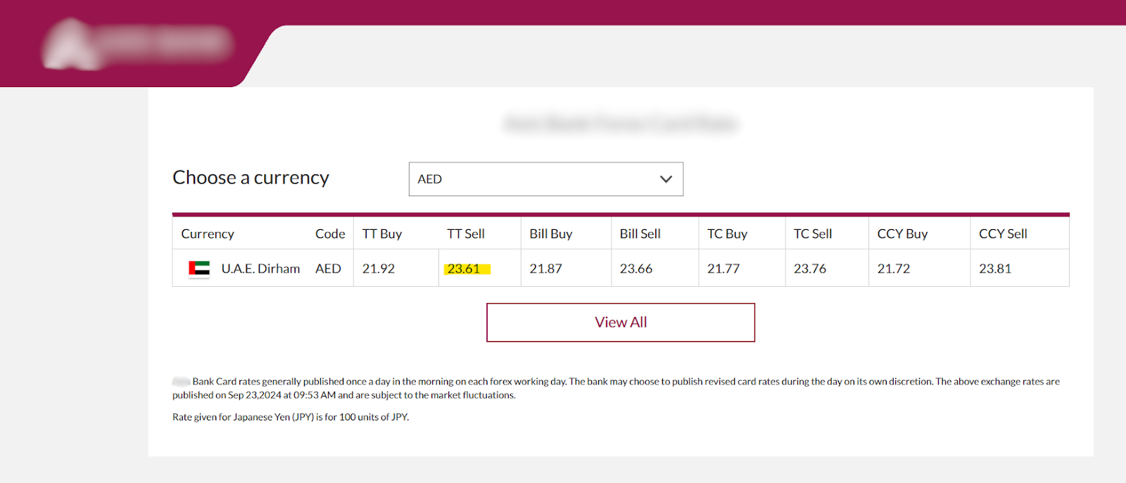 Live forex rate displayed on a bank's website, with the TT Sell rate of UAE Dirham being highlighted.