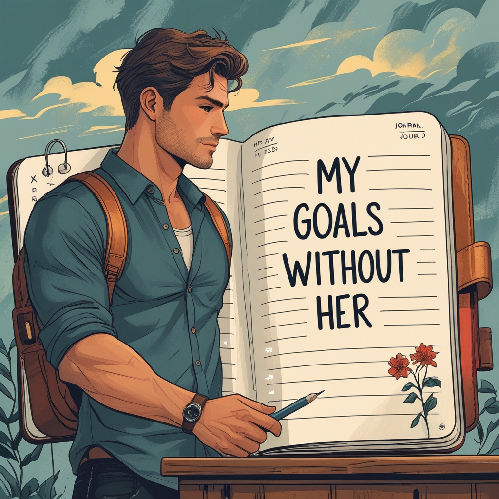 A man journaling with a title: “My Goals Without Her”