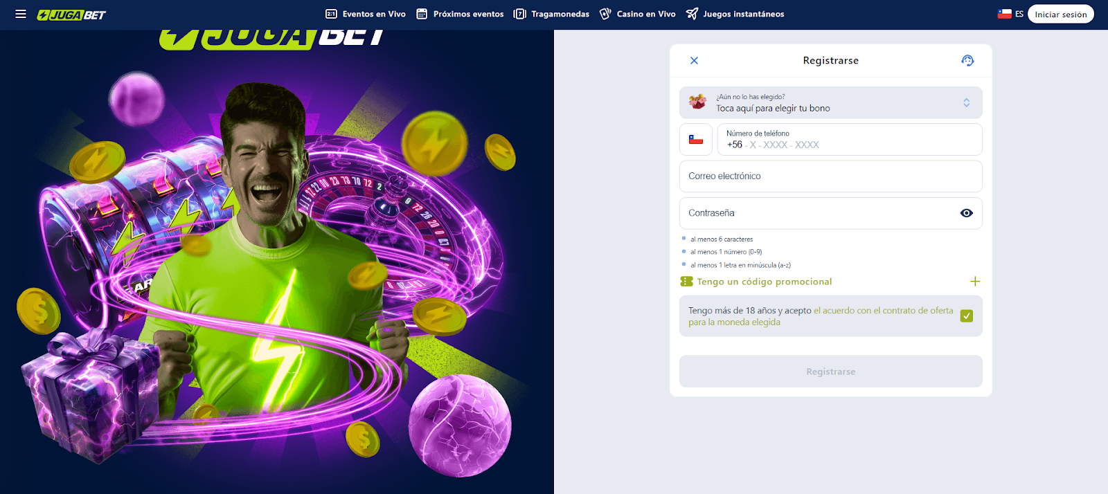 El botón de registro en Jugabet está en la parte superior derecha