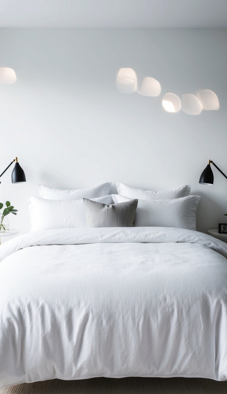 A neatly made bed with crisp white linen bedding, surrounded by minimalist white bedroom decor