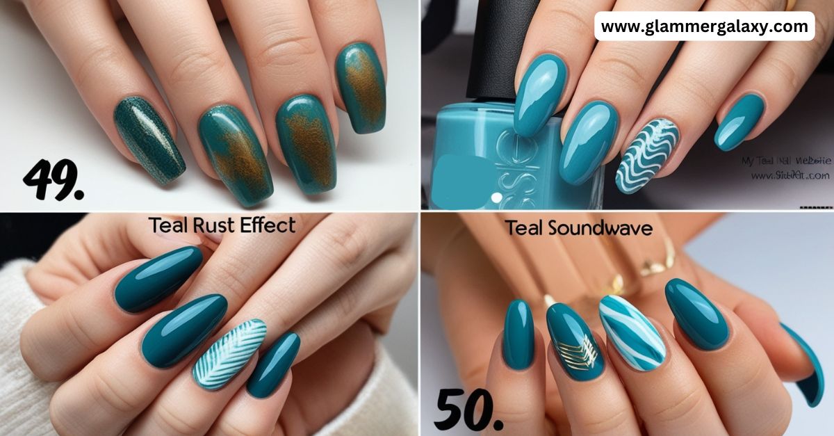 Four images showcasing teal nail art designs with rust and soundwave effects