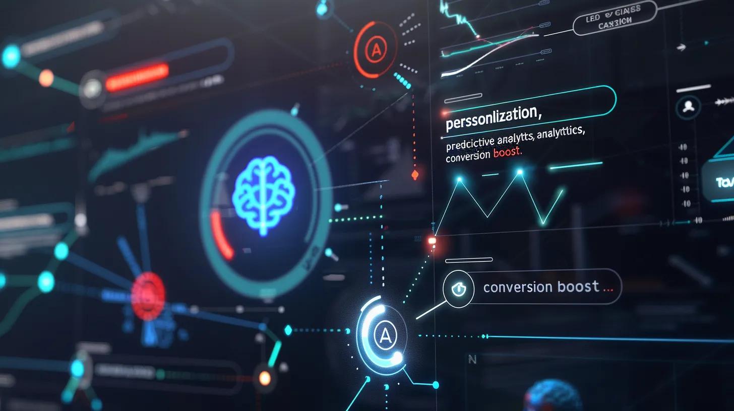 A digital dashboard mockup showing lead growth metrics with upward graphs, automation icons (gear, AI brain), and highlighted words like “personalization,” “predictive analytics,” and “conversion boost.”