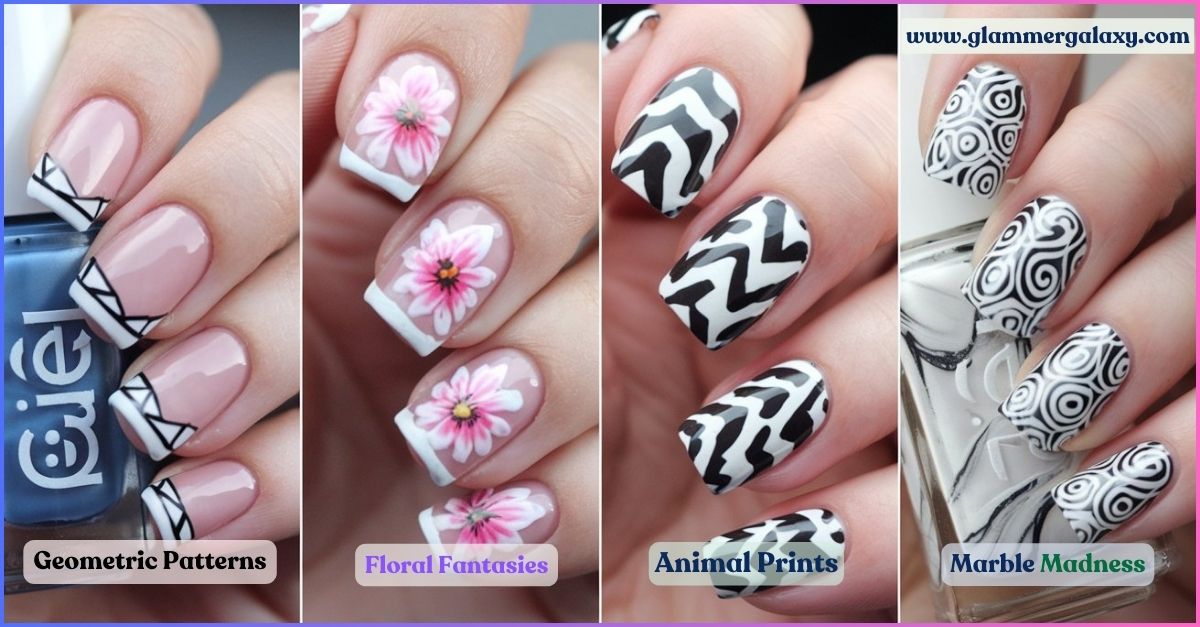 Four photos of nails with artistic French tip designs labeled geometric, floral, animal print, and marble.